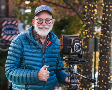 Mark Turner (self-portrait) with Chamonix 4x5 field camera, Fairhaven district, Bellingham, WA. © 2022 Mark Turner