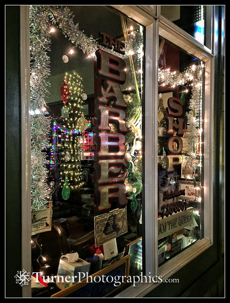 Holiday lights in the window of Fairhaven Barber Shop, Bellingham, WA. © 2017 Mark Turner